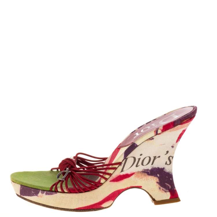 Pre Owned Dior Multicolor Floral Print Fabric Wedge Platform Slide Sandals Size 38