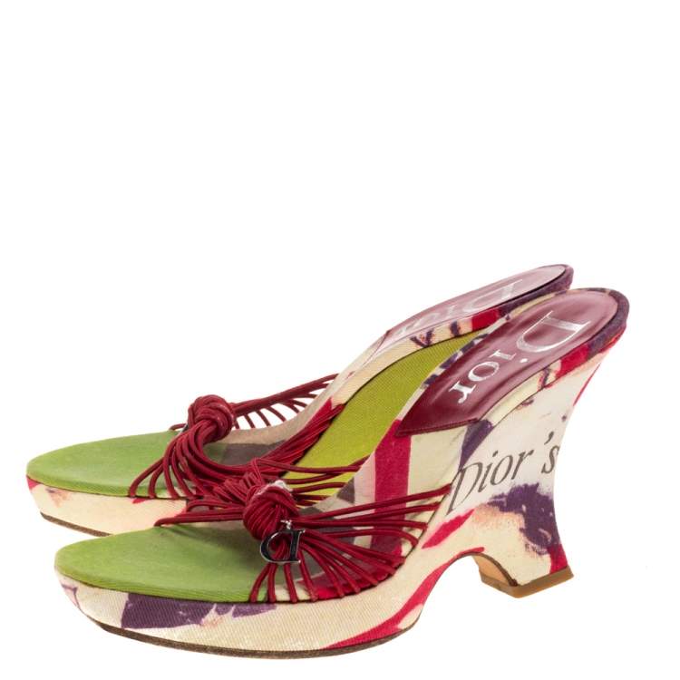 Pre Owned Dior Multicolor Floral Print Fabric Wedge Platform Slide Sandals Size 38