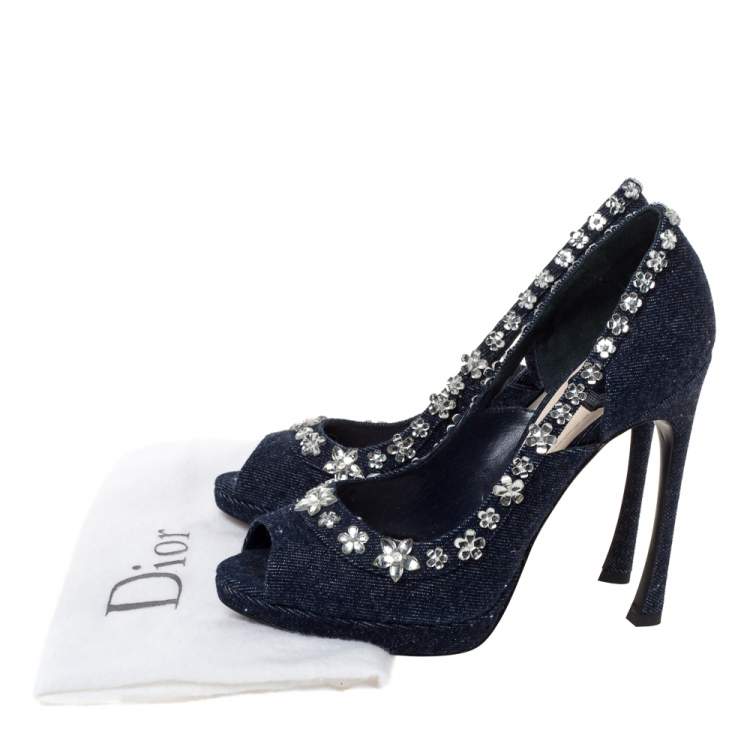 Pre Owned Dior Blue Crystal Embellished Denim Garland Peep Toe Pumps Size 38
