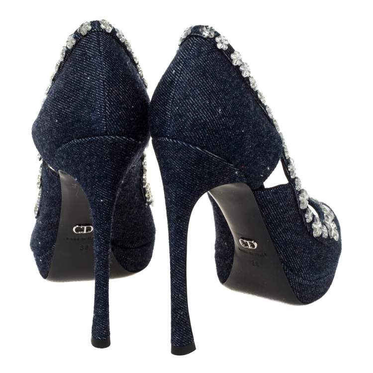 Pre Owned Dior Blue Crystal Embellished Denim Garland Peep Toe Pumps Size 38