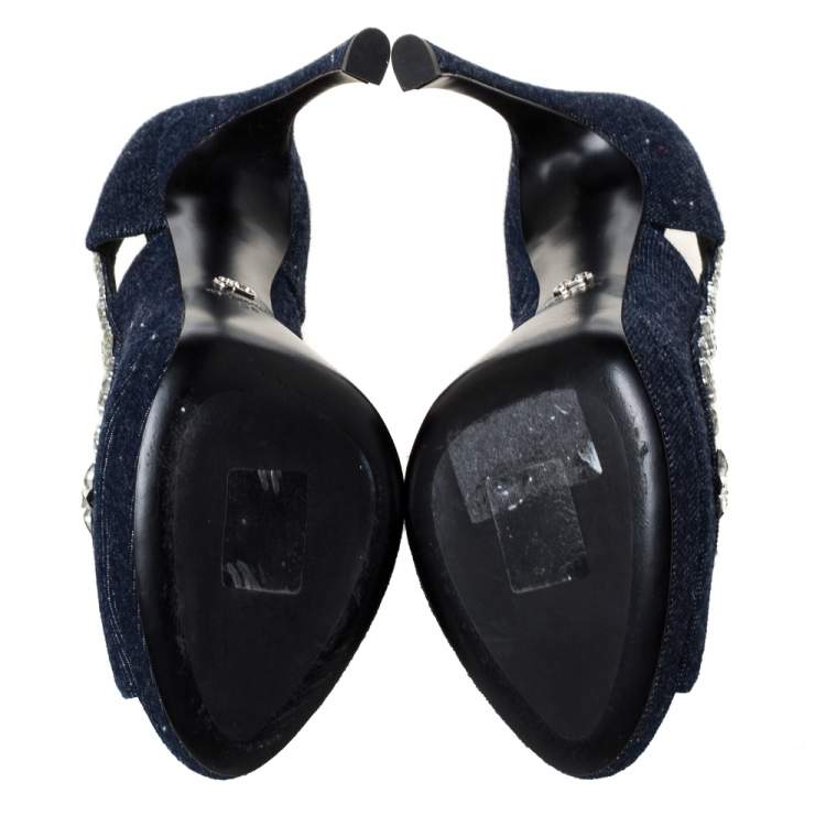 Pre Owned Dior Blue Crystal Embellished Denim Garland Peep Toe Pumps Size 38