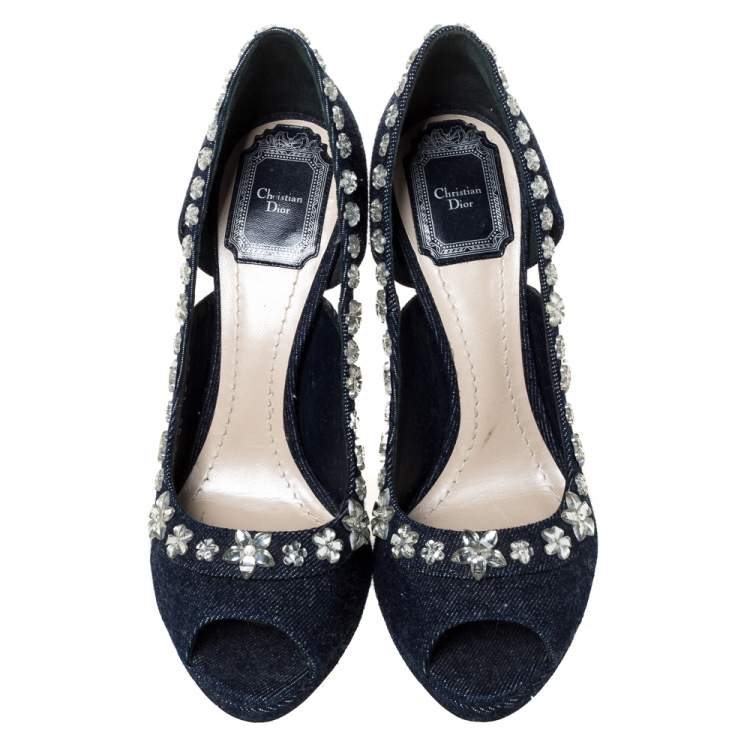 Pre Owned Dior Blue Crystal Embellished Denim Garland Peep Toe Pumps Size 38