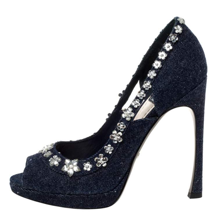 Pre Owned Dior Blue Crystal Embellished Denim Garland Peep Toe Pumps Size 38