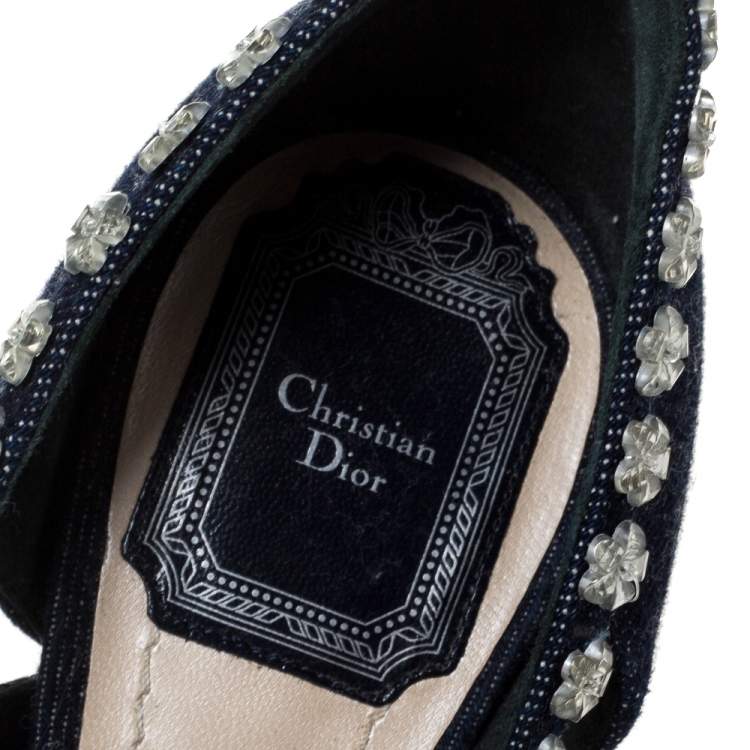 Pre Owned Dior Blue Crystal Embellished Denim Garland Peep Toe Pumps Size 38