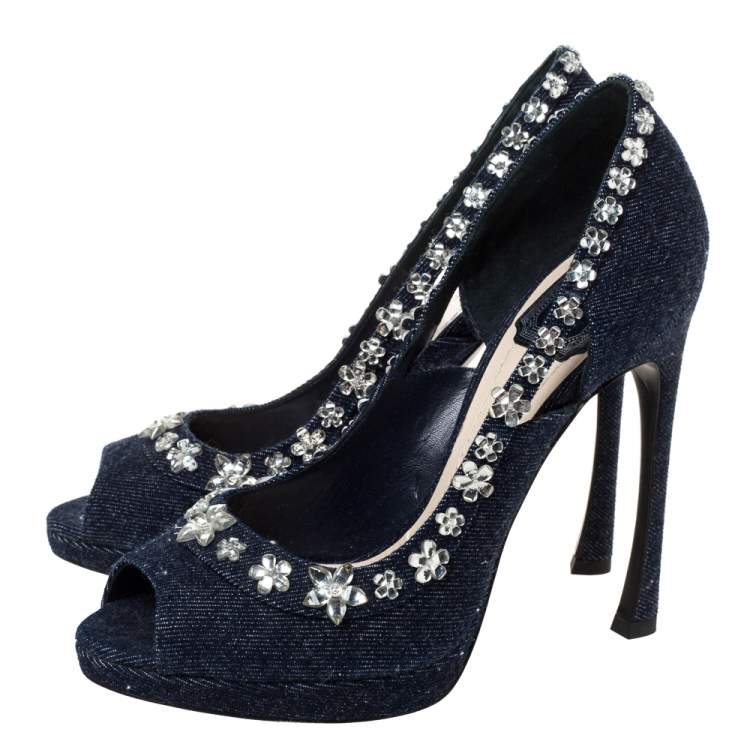 Pre Owned Dior Blue Crystal Embellished Denim Garland Peep Toe Pumps Size 38