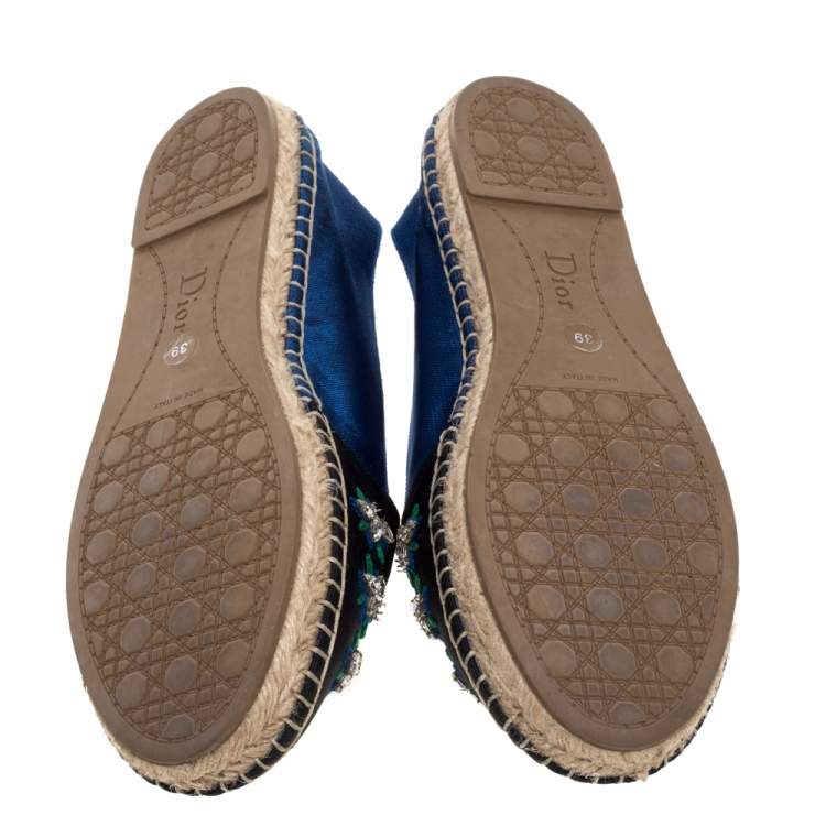 Pre Owned Dior Blue/Black Canvas Crystal Embellished Riviera Espadrille Flat Size 39