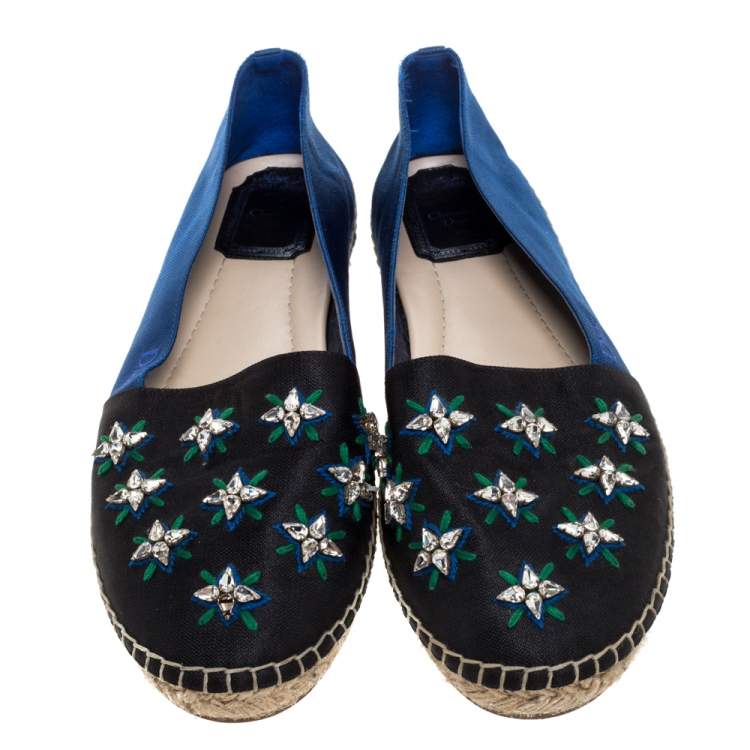 Pre Owned Dior Blue/Black Canvas Crystal Embellished Riviera Espadrille Flat Size 39
