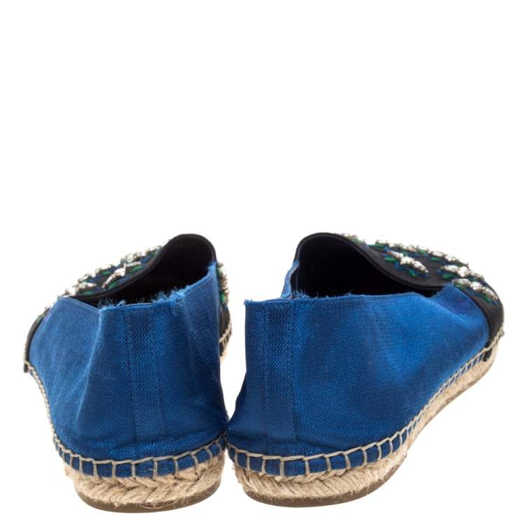Pre Owned Dior Blue/Black Canvas Crystal Embellished Riviera Espadrille Flat Size 39