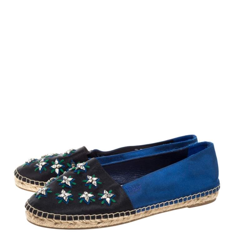 Pre Owned Dior Blue/Black Canvas Crystal Embellished Riviera Espadrille Flat Size 39