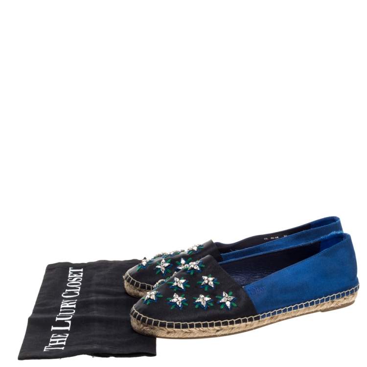 Pre Owned Dior Blue/Black Canvas Crystal Embellished Riviera Espadrille Flat Size 39
