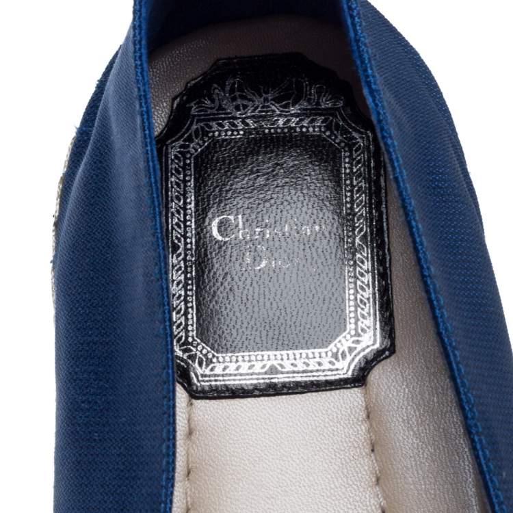 Pre Owned Dior Blue/Black Canvas Crystal Embellished Riviera Espadrille Flat Size 39