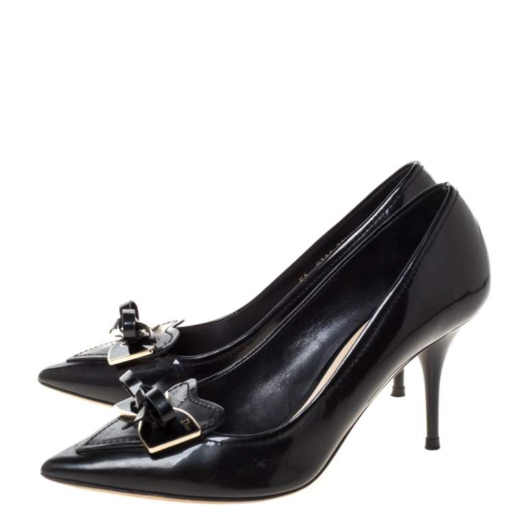 Pre Owned Dior Black Patent Leather Bow Pointed Toe Pumps Size 39