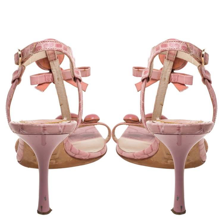 Pre Owned Dior Pink Croc Embossed Leather T-Strap Bow Sandals Size 37