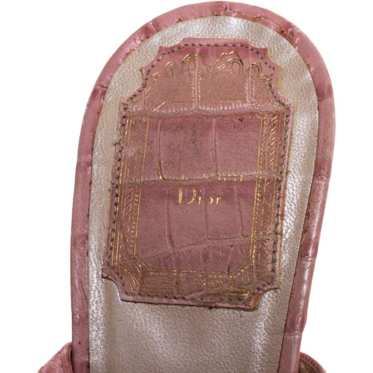 Pre Owned Dior Pink Croc Embossed Leather T-Strap Bow Sandals Size 37