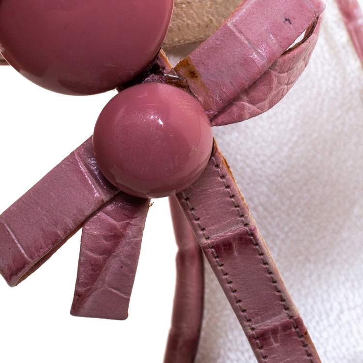 Pre Owned Dior Pink Croc Embossed Leather T-Strap Bow Sandals Size 37