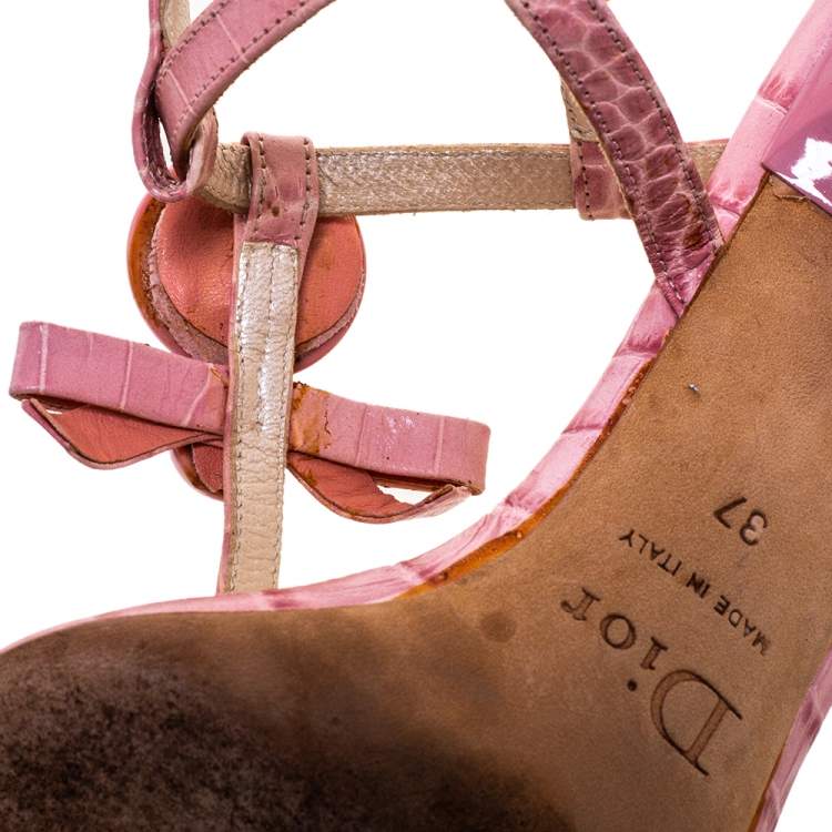 Pre Owned Dior Pink Croc Embossed Leather T-Strap Bow Sandals Size 37