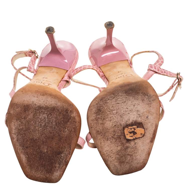 Pre Owned Dior Pink Croc Embossed Leather T-Strap Bow Sandals Size 37