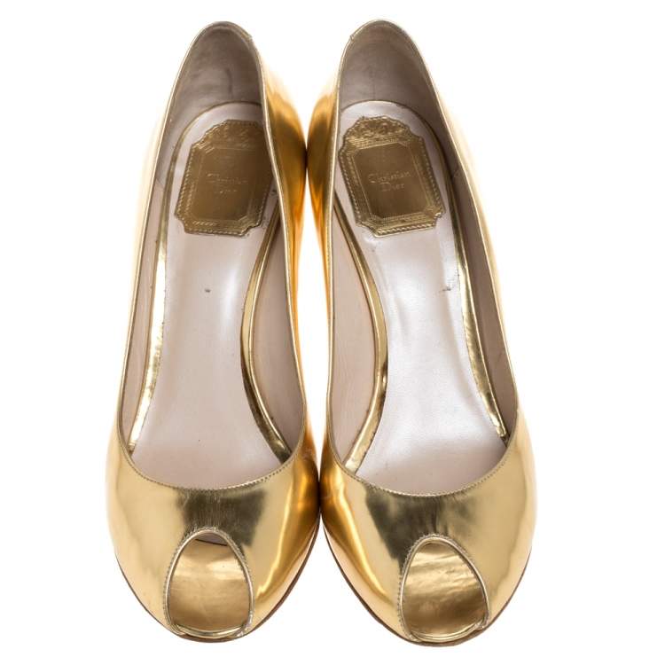 Pre Owned Dior Gold Patent Leather Wedge Peep Toe Pumps Size 38.5