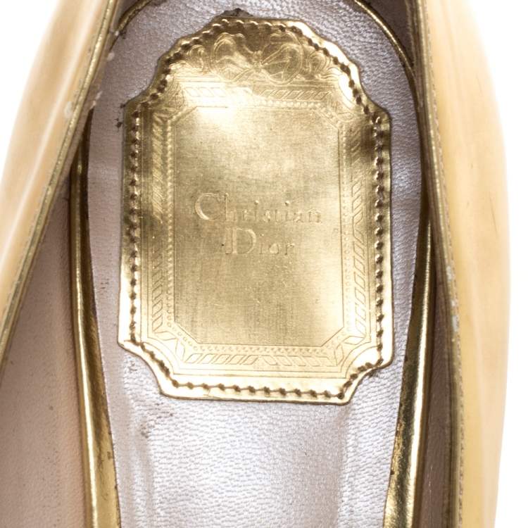 Pre Owned Dior Gold Patent Leather Wedge Peep Toe Pumps Size 38.5