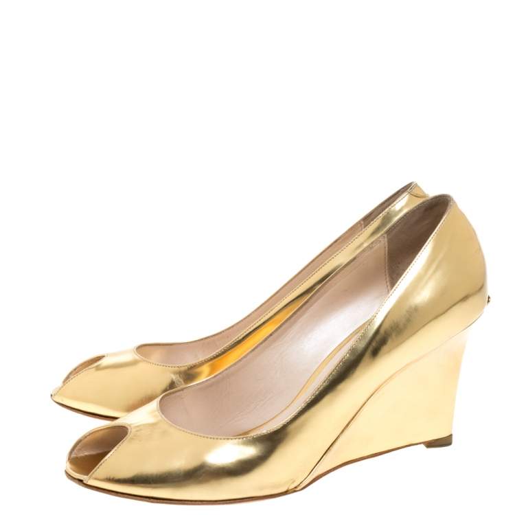 Pre Owned Dior Gold Patent Leather Wedge Peep Toe Pumps Size 38.5