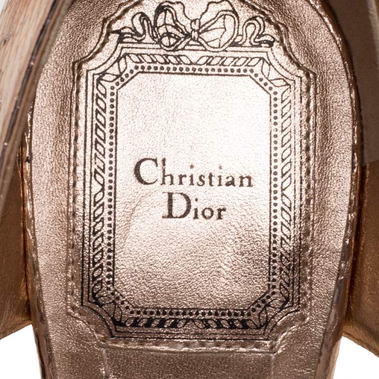 Pre Owned Dior Metallic Bronze Python Embossed Leather Wedge Espadrille Ankle Strap Sandals Size 39