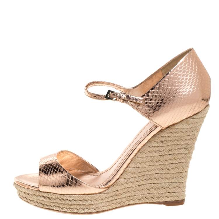 Pre Owned Dior Metallic Bronze Python Embossed Leather Wedge Espadrille Ankle Strap Sandals Size 39