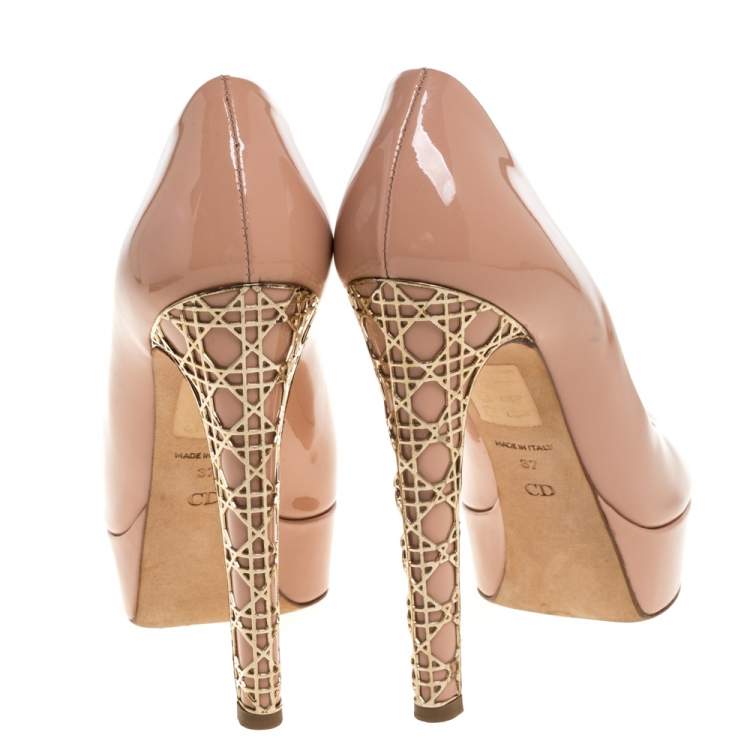 Pre Owned Dior Beige Patent Leather Metal Cannage Heel Peep Toe Platform Pumps Size 37