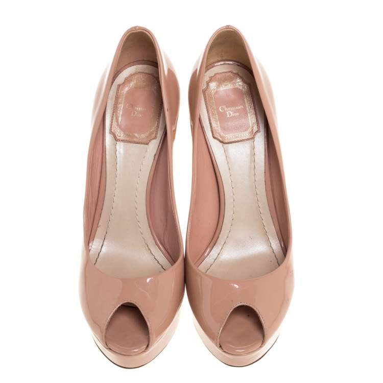 Pre Owned Dior Beige Patent Leather Metal Cannage Heel Peep Toe Platform Pumps Size 37