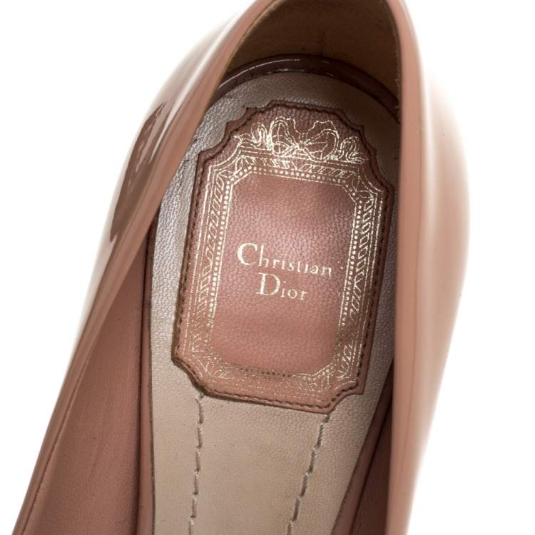 Pre Owned Dior Beige Patent Leather Metal Cannage Heel Peep Toe Platform Pumps Size 37