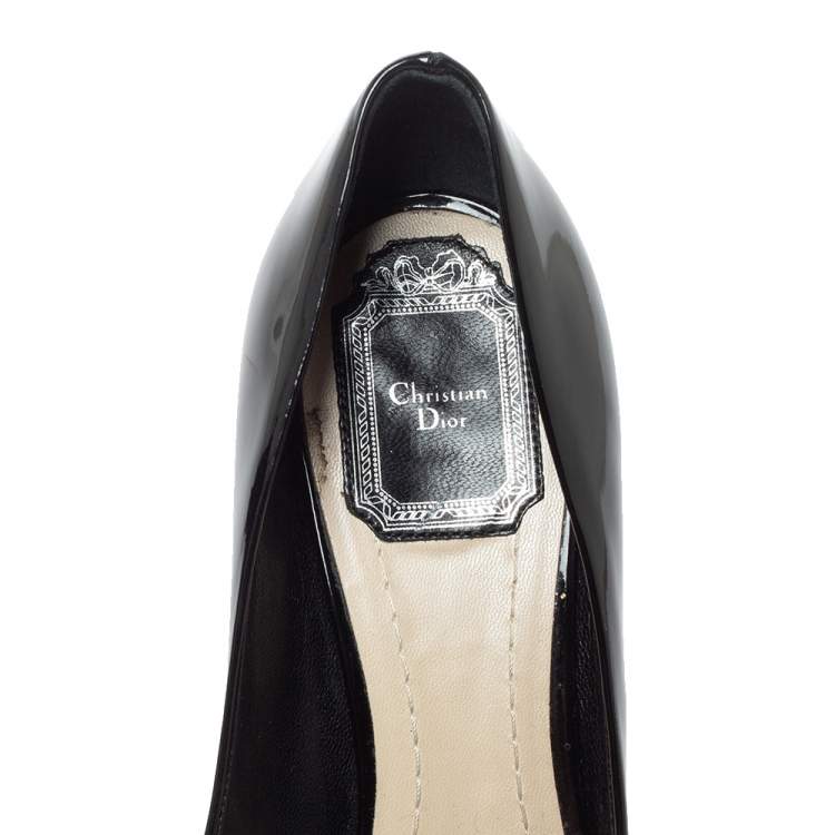 Pre Owned Dior Black Patent Leather Metal Cannage Heel Peep Toe Platform Pumps Size 38.5