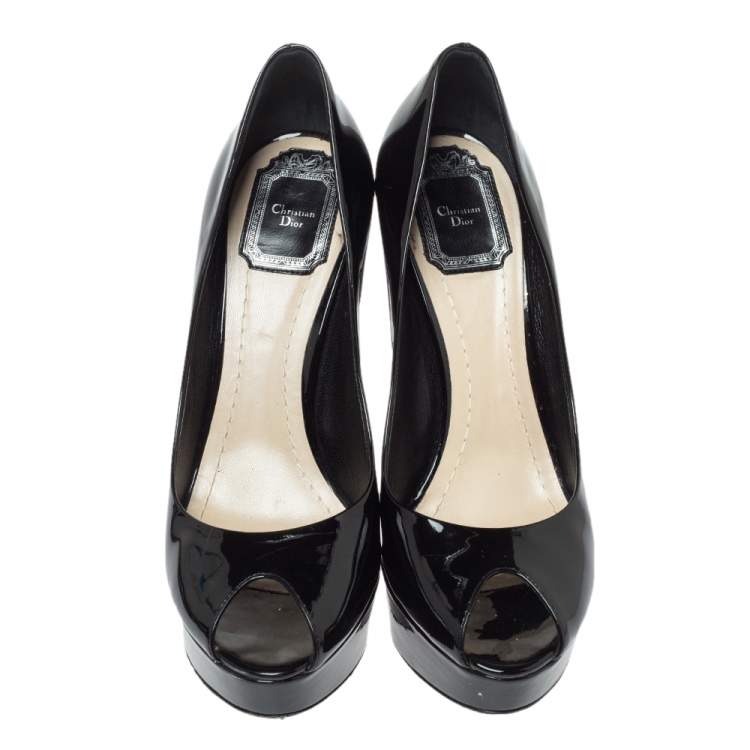 Pre Owned Dior Black Patent Leather Metal Cannage Heel Peep Toe Platform Pumps Size 38.5