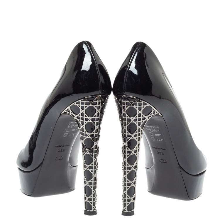 Pre Owned Dior Black Patent Leather Metal Cannage Heel Peep Toe Platform Pumps Size 38.5