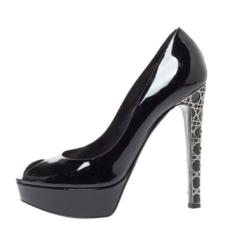 Pre Owned Dior Black Patent Leather Metal Cannage Heel Peep Toe Platform Pumps Size 38.5
