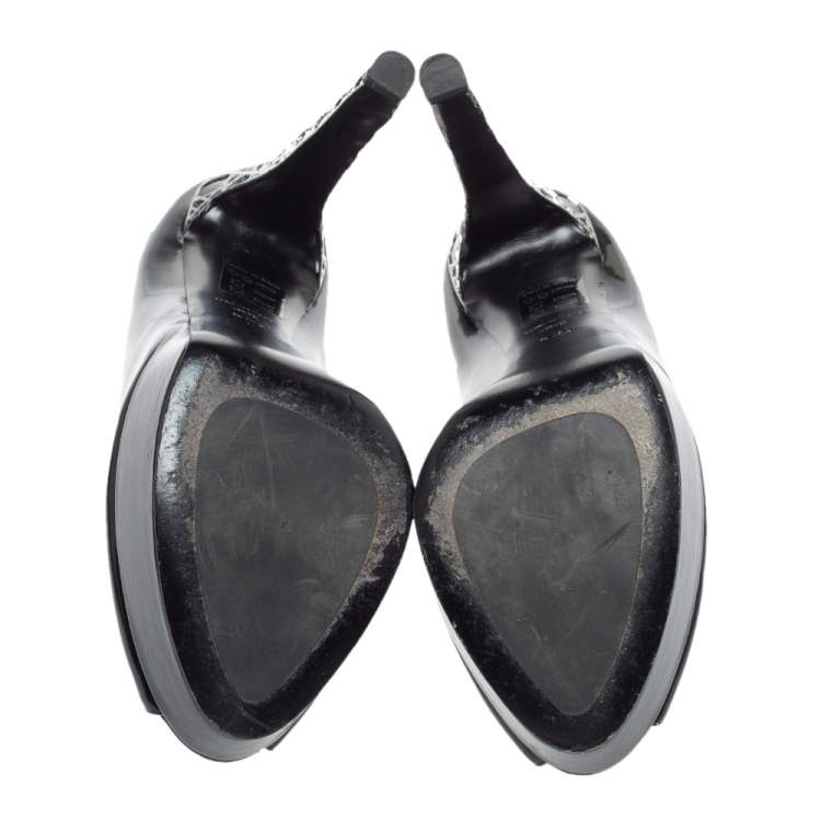 Pre Owned Dior Black Patent Leather Metal Cannage Heel Peep Toe Platform Pumps Size 38.5
