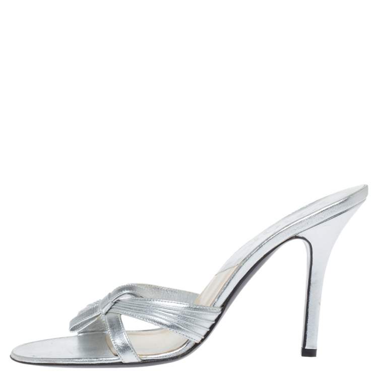 Pre Owned Dior Metallic Silver Leather Bow Slide Sandals Size 39
