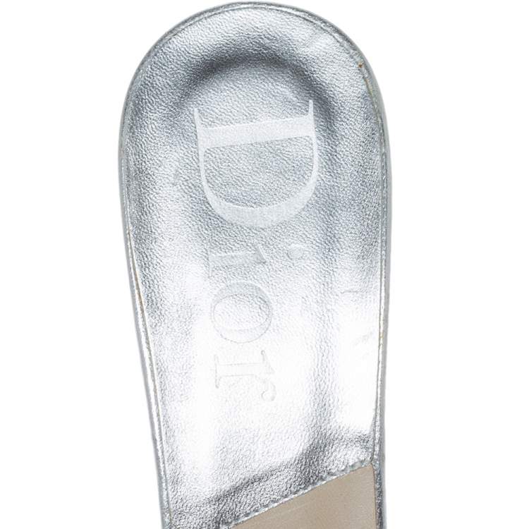 Pre Owned Dior Metallic Silver Leather Bow Slide Sandals Size 39
