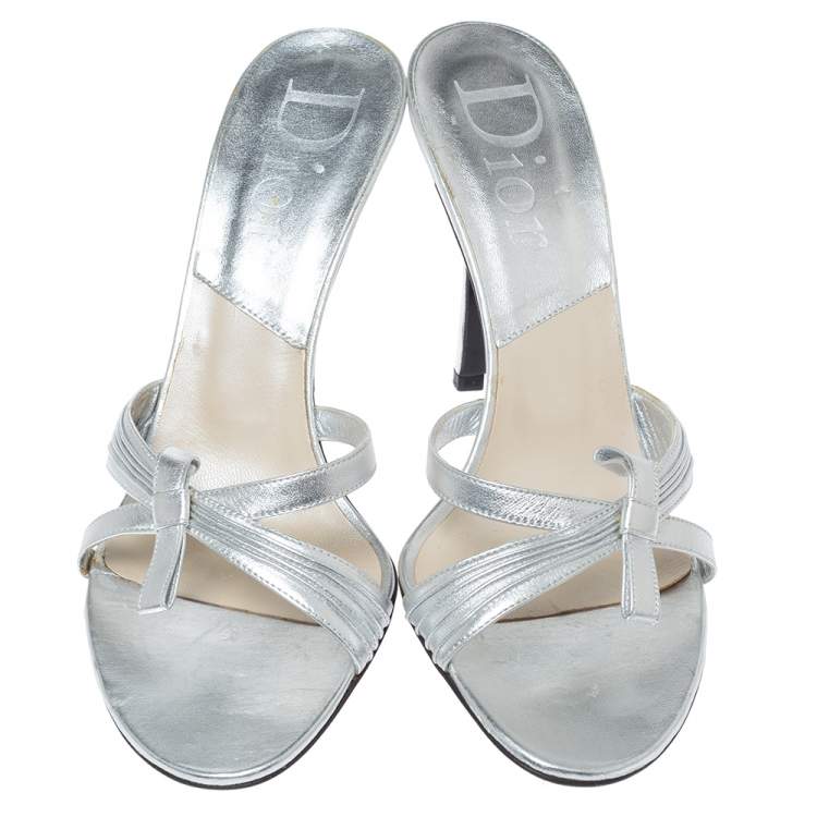 Pre Owned Dior Metallic Silver Leather Bow Slide Sandals Size 39