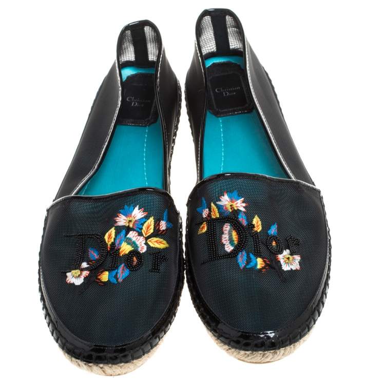 Pre Owned Dior Black Mesh Riviera Embroidered Espadrille Flats Size 39
