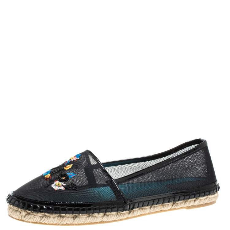 Pre Owned Dior Black Mesh Riviera Embroidered Espadrille Flats Size 39