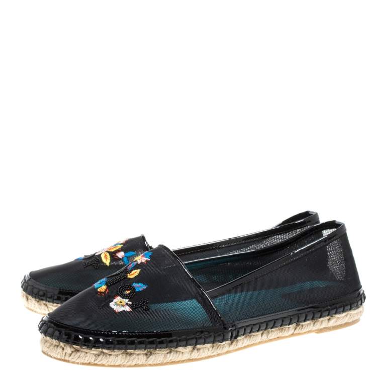 Pre Owned Dior Black Mesh Riviera Embroidered Espadrille Flats Size 39