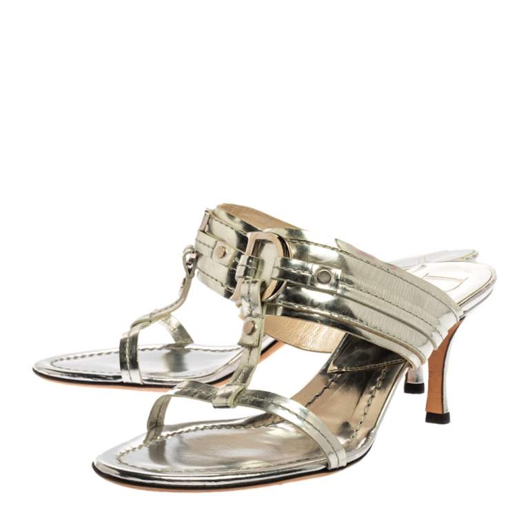 Pre Owned Dior Metallic Silver Leather T Strap Slide Sandals Size 39