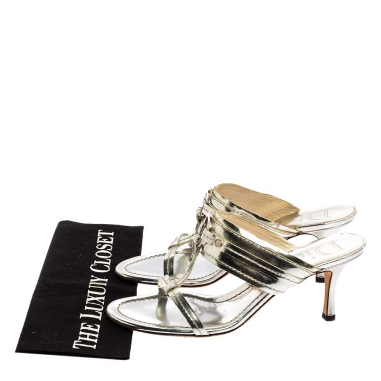 Pre Owned Dior Metallic Silver Leather T Strap Slide Sandals Size 39