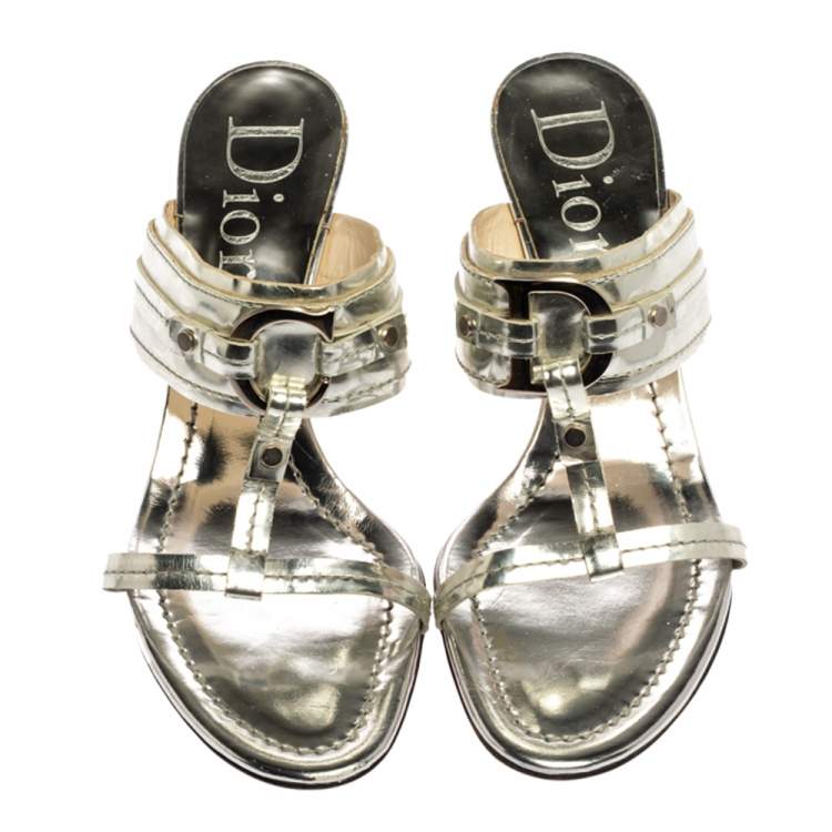 Pre Owned Dior Metallic Silver Leather T Strap Slide Sandals Size 39
