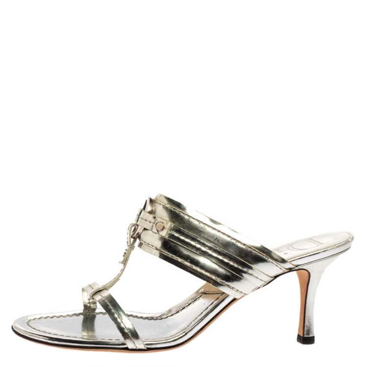 Pre Owned Dior Metallic Silver Leather T Strap Slide Sandals Size 39