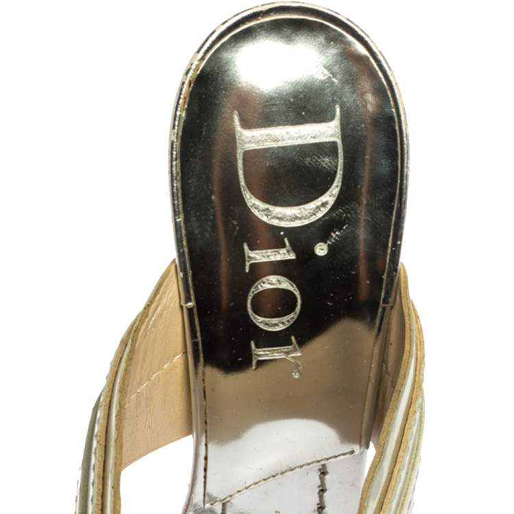 Pre Owned Dior Metallic Silver Leather T Strap Slide Sandals Size 39