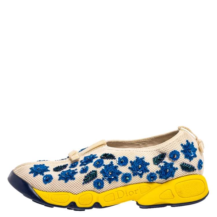 Pre Owned Dior White Mesh Fusion Floral Embellished Slip On Sneakers Size 37.5