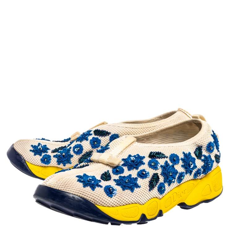 Pre Owned Dior White Mesh Fusion Floral Embellished Slip On Sneakers Size 37.5
