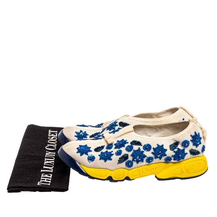 Pre Owned Dior White Mesh Fusion Floral Embellished Slip On Sneakers Size 37.5