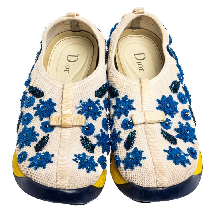 Pre Owned Dior White Mesh Fusion Floral Embellished Slip On Sneakers Size 37.5