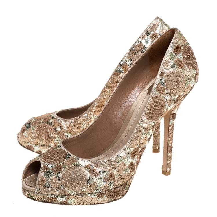 Pre Owned Christian Dior Gold/Bronze Sequin Embellished Satin Peep Toe Platform Pumps Size 38.5